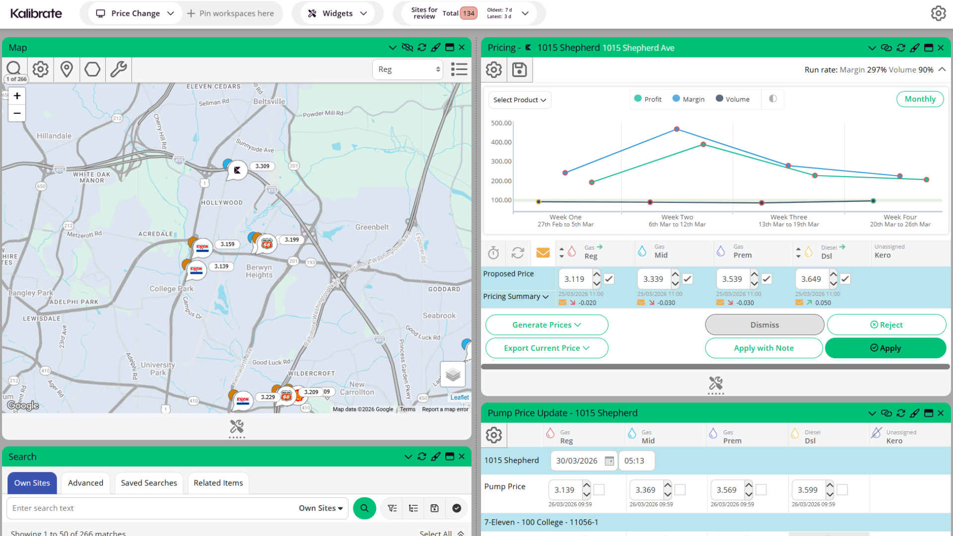 Kalibrate Fuel Pricing screen Map & Price update